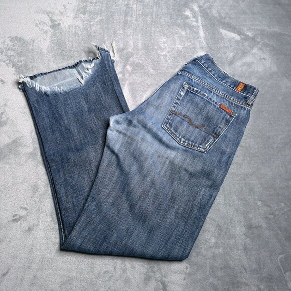 Mens 7 For All Mankind Relaxed Fit Distressed Jeans 33 Button Fly Medium Wash - Picture 1 of 10